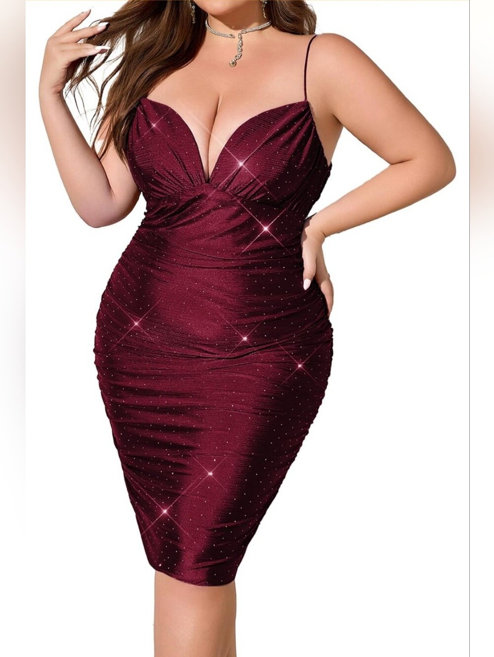 NWT Burgundy Rhinestone Ruched Cocktail Dress Size Large